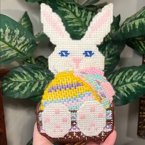 Vintage Handmade Crochet Knit Easter Bunny Coaster Set Cute Kitsch Granny Square
